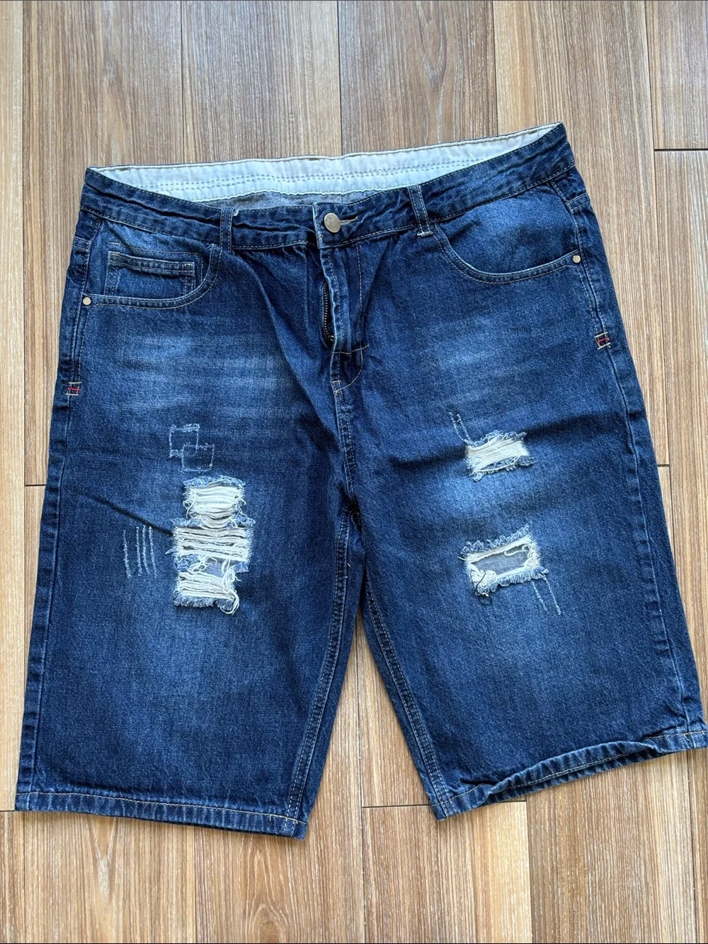 Amazon Men's Ripped Denim Shorts in Dark Blue and Light Blue Wash